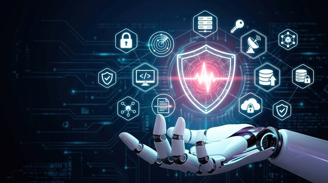 AI healthcare, medical artificial intelligence, digital diagnosis concept with robot hand and health interface.