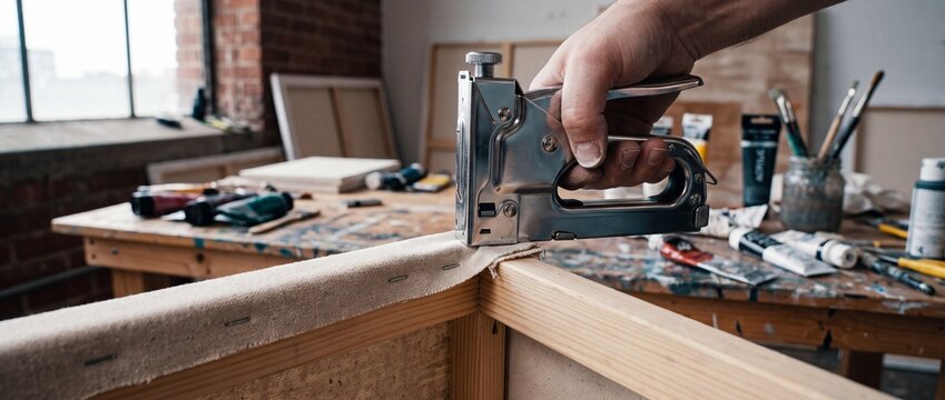 Artist hand uses staple gun to stretch canvas onto wooden frame, art supplies scattered on messy workbench for painting creation.