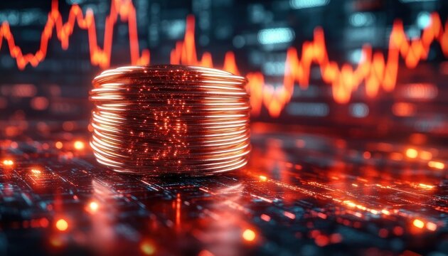 Glowing stacked digital coins on electronic circuit board with rising red market graph, futuristic energetic and volatile financial scene