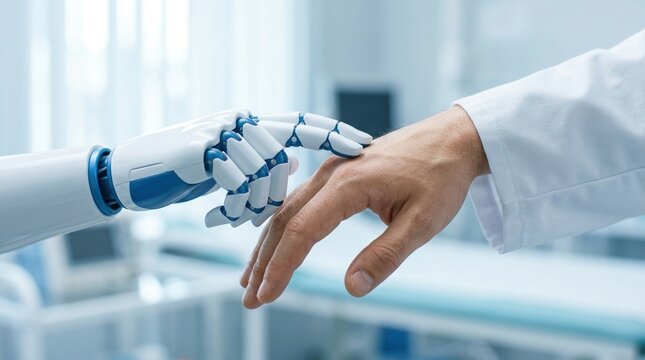 Human robot collaboration, AI assistance, automation concept with robot hand reaching toward human finger.