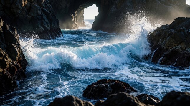 Powerful ocean waves crash against dark rocks in narrow sea inlet. White foam, water spray fly through coastal rocks under bright sunlight. Dramatic seascape shows wild nature, turbulent blue water,