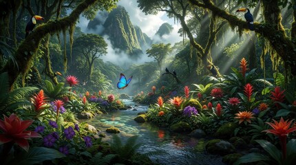Naklejka premium Vibrant jungle stream flows through rich forest with exotic flowers, toucans, and butterflies. Misty mountains loom behind green trees, sunlight pierces canopy.