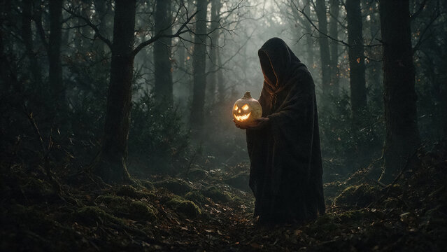 Creepy hooded figure holding a glowing jack-o'-lantern in a dark foggy forest.