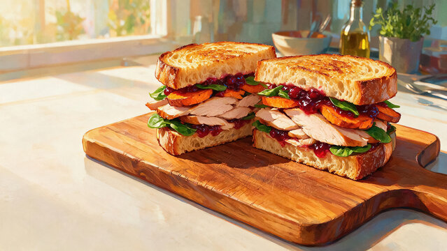 Delicious Thanksgiving leftover turkey sandwich with cranberry sauce and vegetables on a wooden board in warm sunlight.