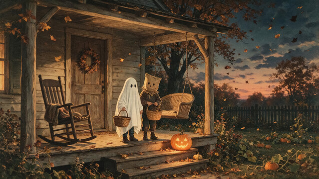 Two children trick-or-treating in vintage ghost and scarecrow costumes on a rustic wooden porch at autumn dusk.