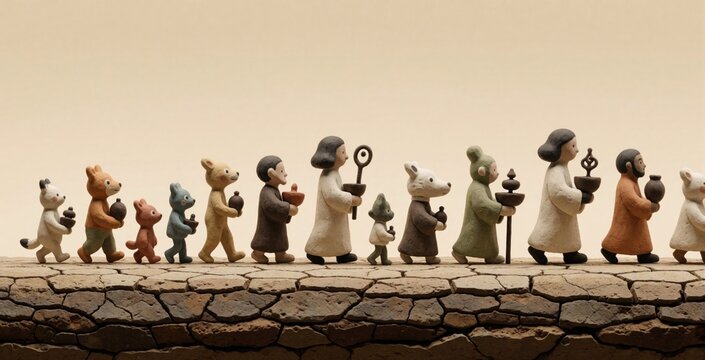 Clay figures, various animals and humans, walk in line carrying pots and objects. A procession moves across cracked earth against a plain background. Simple characters journey together.