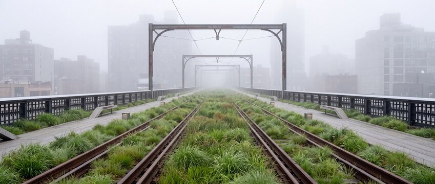 Elevated railway tracks stretch into the misty horizon, lined with lush green grass and trees, creating a serene and ethereal urban landscape