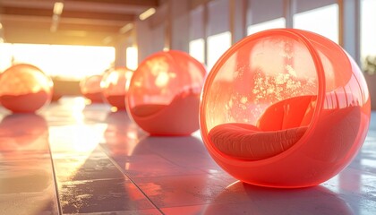 Naklejka premium Vibrant Bubble Furniture Set: Translucent Tinted Resin Spherical Seats in Soft Coral | Modern Open Layout 4K