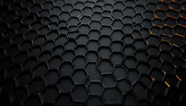 dark hexagonal grid texture with subtle glowing orange edges, sleek futuristic metallic surface and moody lighting