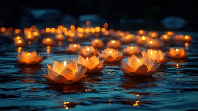 floating lotus-shaped lantern candles glowing on rippled water at dusk with warm reflections and a tranquil, meditative atmosphere