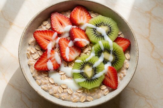 Overhead view of healthy oatmeal bowl with fresh strawberry, kiwi slices. Creamy yogurt drizzle on breakfast porridge with oat flakes. Nutritious morning meal with fruit toppings in ceramic bowl on