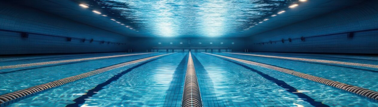 empty indoor lap pool with parallel lane ropes, shimmering blue water, tiled walls and overhead lights reflected on the surface, symmetrical perspective conveying calm focus