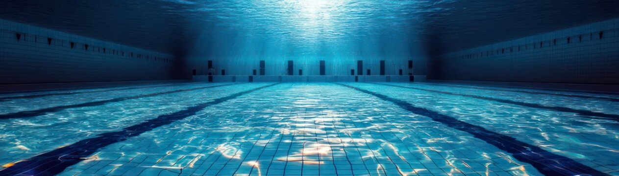 underwater view of an empty indoor swimming pool with lane markings, tiled floor, sunlight beams and reflective ripples conveying a tranquil, serene atmosphere