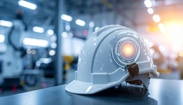 Smart industrial safety helmet with digital sensors, symbolizing resilience, authenticity, mastery, precision, advancement, protective technology, operational identity.