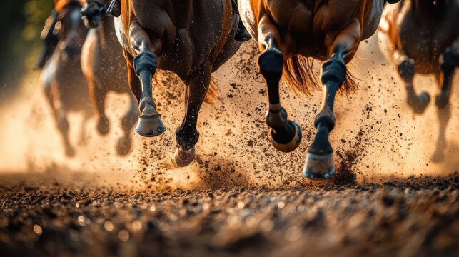 Close-up of galloping horse hooves kicking up dust on a dirt track, intense speed and raw power