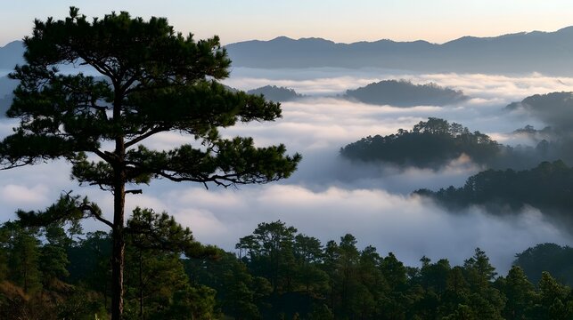 A lone pine tree stands tall above a sea of clouds blanketing rolling forested hills under soft morning light