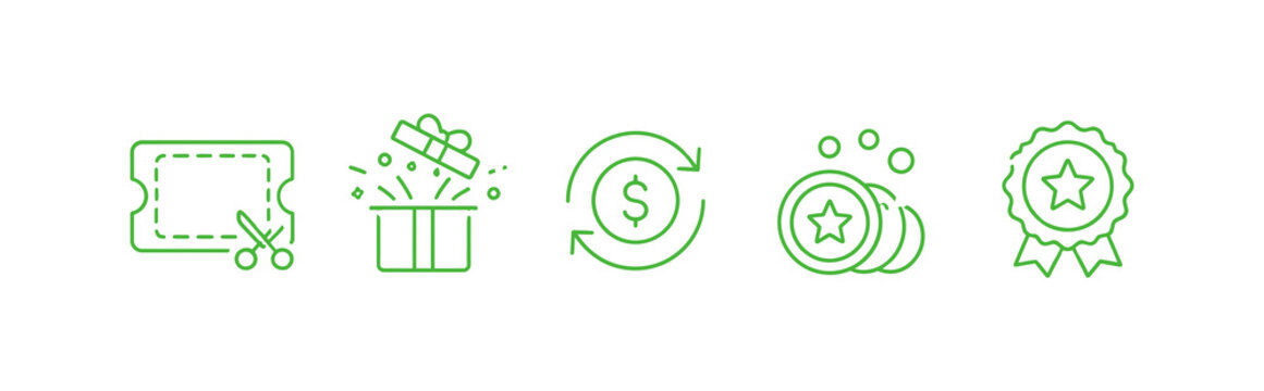Set of green line art icons representing shopping discounts gift boxes money exchange loyalty points and premium quality awards for e commerce and retail marketing