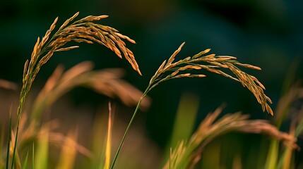 Naklejka premium Golden rice stalks bend gracefully under warm sunlight showcasing ripe grains against a softly blurred natural backdrop