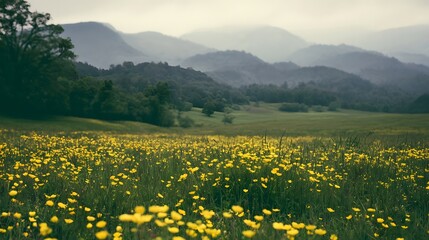 Naklejka premium A field of yellow wildflowers stretches across rolling green hills under a soft overcast sky with distant mountain ranges