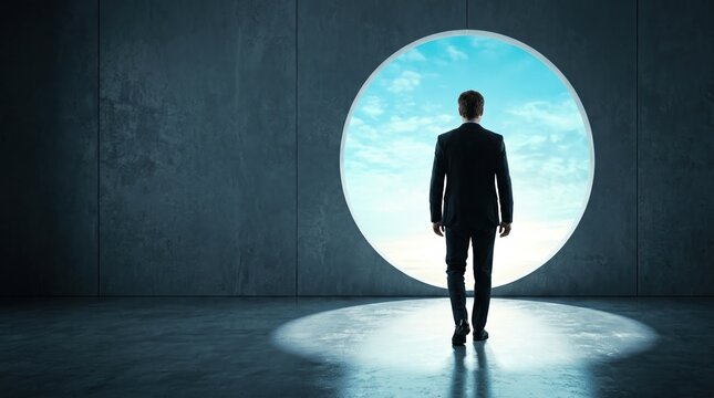 Business opportunity, future career, new beginning concept with silhouette walking toward bright circular doorway.