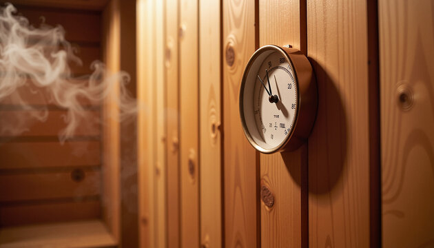 sauna environment with temperature gauge showing high humidity and steam rising from wooden walls creating a relaxing atmosphere for wellness activities