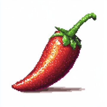 pixel art red chili pepper with green stem, glossy highlights and cast shadow on white background, vibrant playful mood