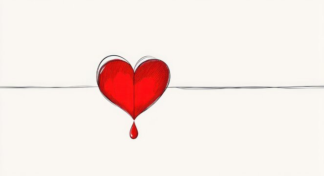 Red hand-drawn heart perched on a thin horizontal line, bleeding a single drop on a pale background &mdash; minimalist sketch conveying loneliness and heartbreak