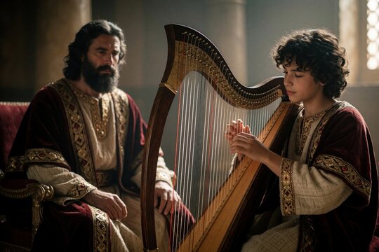 Young David plays ancient harp for King Saul in royal palace chamber. Biblical musician provides music therapy, comfort to king during spiritual tension. Historical scene shows boy performing melody
