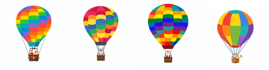Fototapeta premium Set of colorful hot air balloons with passengers isolated on white