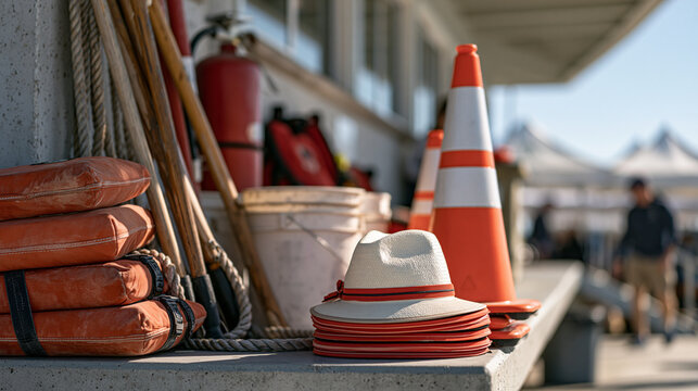 Lifeguard station at a vibrant winter coastal market, worn rescue equipment arranged as a symbolic still life beside a perfectly executed parallel parking cone display, seasonal