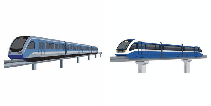 Modern monorail trains on elevated tracks isolated on white background