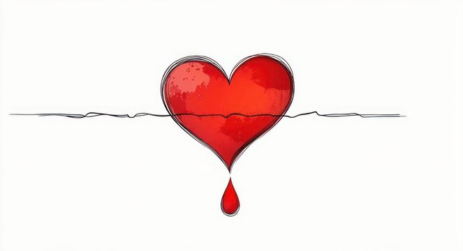 bleeding red heart with a horizontal crack and a single droplet beneath, threaded by a thin wiry line across a stark white background, conveying heartbreak and pain