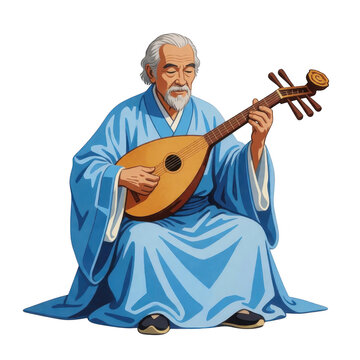 Elder Man Playing Traditional Lute Isolated