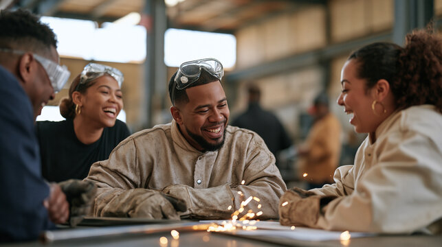 Metalworking apprentices from a multicultural fabrication team in a hospital equipment workshop celebrate discovering a forgotten batch of authorized year-end overtime pay stubs,