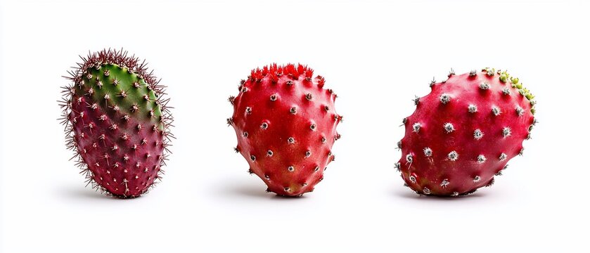 Three prickly red fruits, one partially green, isolated on white background