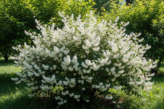 Ornamental shrub Deutzia scabra displays abundant white bell flowers in a park. Lush green foliage surrounds the blooming plant in sunny spring weather.
