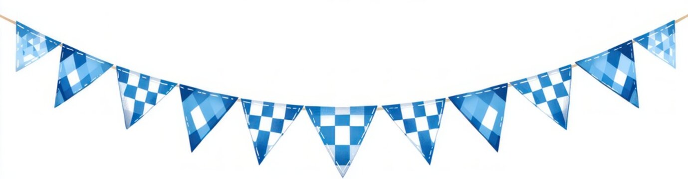 cheerful string of blue and white patterned triangular pennant flags hanging on a line, festive party bunting conveying celebration