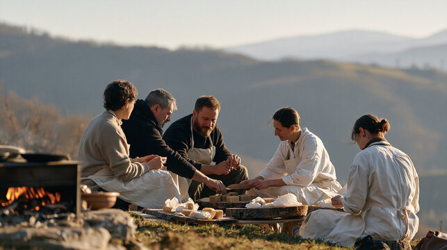 A quiet rural December hillside where a soap making group tests biodegradable packaging wraps around handmade bars in natural bark trays, participants comparing decomposition rate