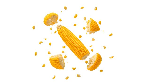 Exploding corn cob, flying yellow kernels and broken chunks, isolated white background