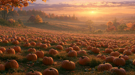 Fototapeta premium Golden orange pumpkins in vast field at beautiful sunset during vibrant autumn season on white background