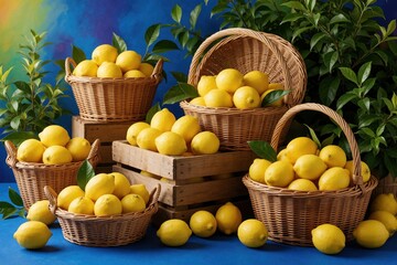 Naklejka premium Fresh yellow lemons in wicker baskets, wooden crates. Citrus fruit arrangement with green leaves on blue background. Organic food display for kitchen decor market harvest. Bright summer seasonal