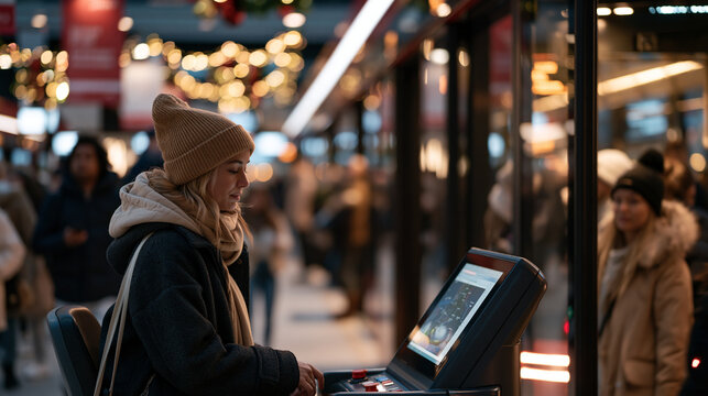 A solitary tram operator in a December crowded urban terminus consulting an ocean thermal energy conversion site location map on her cab monitor, commuters streaming past the