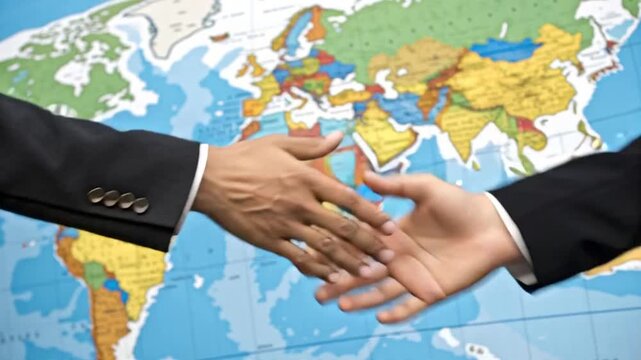 Business partners shaking hands over global map symbolizing international collaboration and deal closing