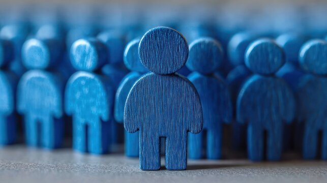 single blue wooden figure in sharp focus standing before rows of blurred blue wooden people, conveying leadership, individuality and unity