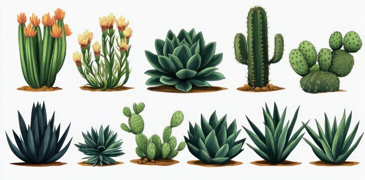 Cheerful assortment of succulents and cacti with orange and yellow blooms, agave and rosette succulents, columnar and prickly pear cacti on white background
