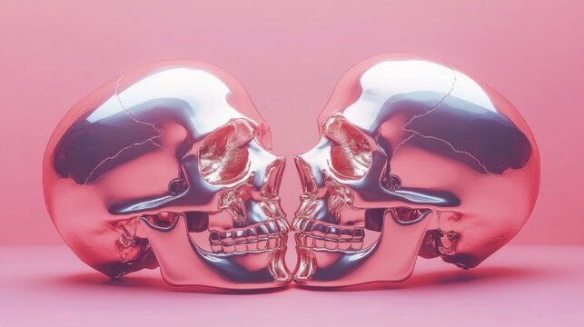 Two glossy rose gold metallic skulls facing each other on a soft pink background, mirror-like symmetry evoking an intimate, eerie and surreal confrontation