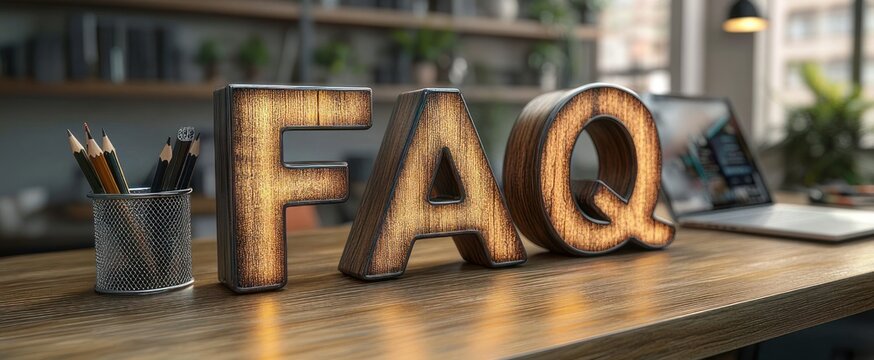 Large illuminated wooden FAQ letters on a tidy wooden office desk with pencil cup, laptop, shelves and plants in a warm, welcoming modern workspace conveying helpful guidance