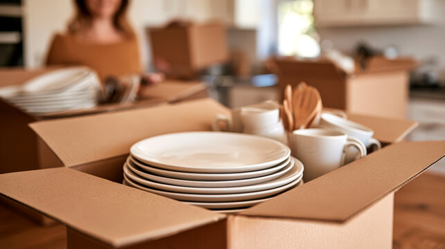 Woman packing ceramic dishes into cardboard boxes during household relocation in kitchen