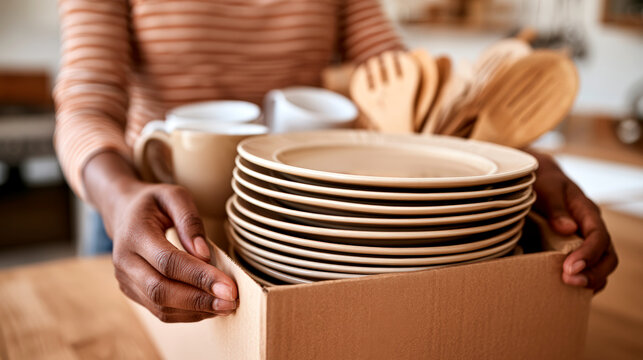 Woman carrying packed kitchenware box during residential moving and home relocation process