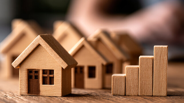 Wooden houses and rising chart represent housing price speculation and market growth